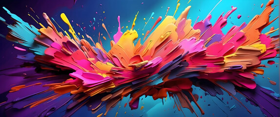 An abstract expressionist image featuring a dynamic burst of colorful paint splashes creating a vibrant scene