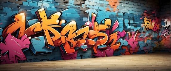 Colorful graffiti showcasing street art talent, displaying vibrant lettering on a brick wall texture