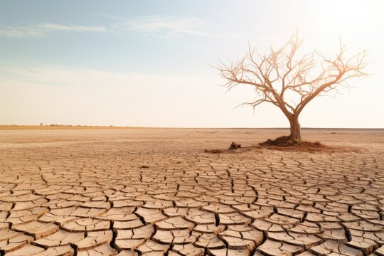 A single, leafless tree stands in the center of a cracked, barren landscape. Solitary Tree on Cracked Desert Ground