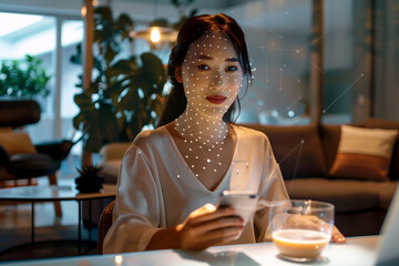 A young woman enjoys the comfort of a cozy cafe at night, engaging with her smartphone as digital connections manifest around her in a sparkling network of nodes and edges, symbolizing social media. 