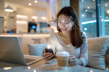 A young woman enjoys the comfort of a cozy cafe at night, engaging with her smartphone as digital connections manifest around her in a sparkling network of nodes and edges, symbolizing social media. 