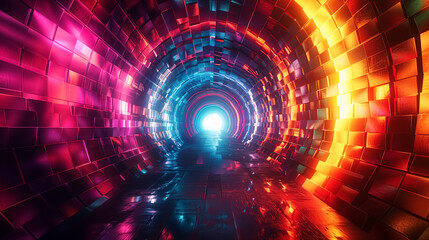 Fototapeta premium Abstract futuristic tunnel with colorful glowing lights and mosaic walls.
