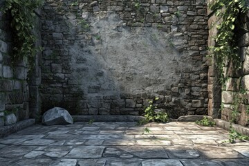 Empty stone wall stage architecture cobblestone flagstone.