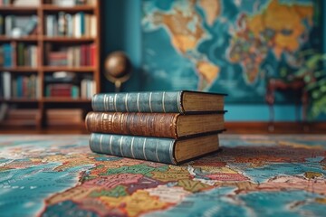 tack of travel books with world maps backdrop