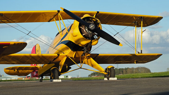 Breighton, Selby, Yorkshire, UK. April 2024.The B&uuml;cker B&uuml; 133 Jungmeister was an advanced trainer of the Luftwaffe in the 1930s.