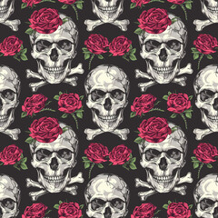 Intricate skull and roses hand-drawn motif, adding depth to textile, wallpaper, and poster backgrounds