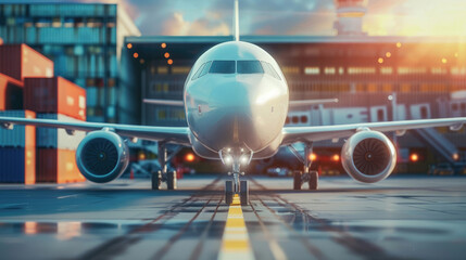 Cargo Plane Unloading Containers at Airport Terminal