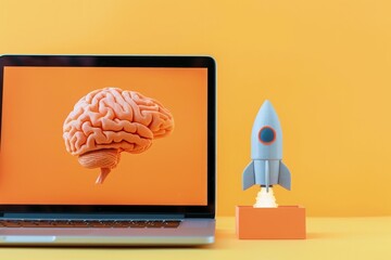 Rocket with laptop and brain, concept of startup, technology and idea. - obrazy, fototapety, plakaty
