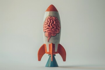 Rocket with printed brain, startup and creativity concept.