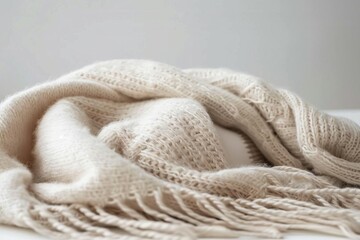 soft knitted scarf with fringed edges draped on white surface product photography