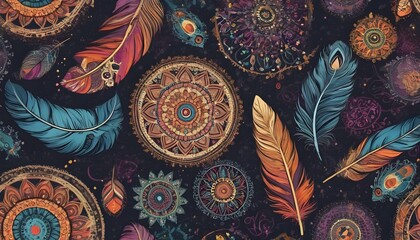 Bohemian style patterns with colorful feathers be