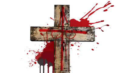 A wooden cross with a bloody design featuring a crosshairs with bullet holes.