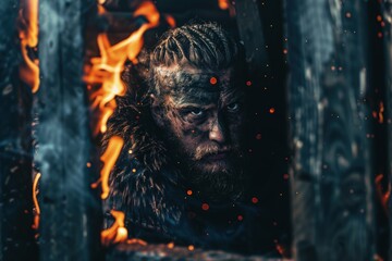 Viking warrior in a burning wooden hut.