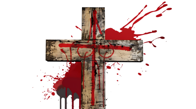 A wooden cross with a bloody design featuring a crosshairs with bullet holes.
