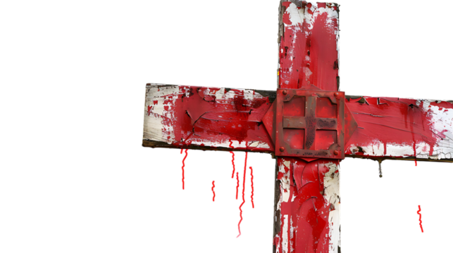 A wooden cross painted red with a symbol of Jesus in the center. The paint is chipping and there is blood dripping down the cross.