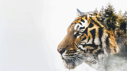 Tigre em dupla exposição com uma floresta no fundo branco