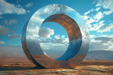 Monumental Futuristic Ring Structure Reflecting the Alien Landscape in the Sky