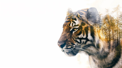 Tigre em dupla exposição com uma floresta no fundo branco