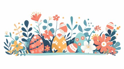 Fototapeta na wymiar Colorful Easter Egg Surrounded by Spring Flowers and Decorative Objects on White Background