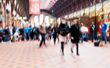People, walking and town square with motion blur of busy mall or building for commute or travel in...