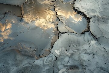 Reflection of Sunset on Water Puddles over Cracked Earth