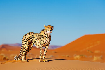 A majestic cheetah standing majestically in the desert, surrounded by vast sand dunes under clear blue skies. Generative Ai Image. - obrazy, fototapety, plakaty