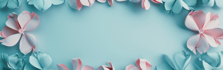 Elegant Circle of Blue and Pink Paper Flowers on Light Blue Background with Copy Space