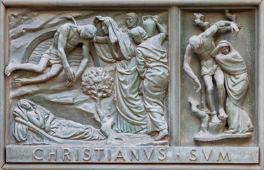MILAN, ITALY - SEPTEMBER 16, 2024: The relief of Martyrdom of St. Sebastian on the bronze gate of...