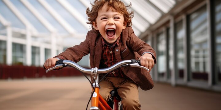 The joyous image of a boy pedaling his bicycle with a wide smile, reveling in the sheer delight of the moment.