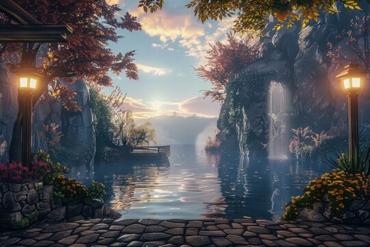 Scenery with trees, cobblestone streets, virtual world, game scene, fantasy concept.