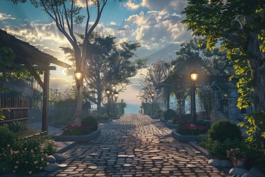 Scenery with trees, cobblestone streets, virtual world, game scene, fantasy concept.