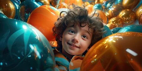 Enchanting image of a child letting go of vibrant balloons against a serene backdrop, symbolizing pure joy and liberation. - obrazy, fototapety, plakaty