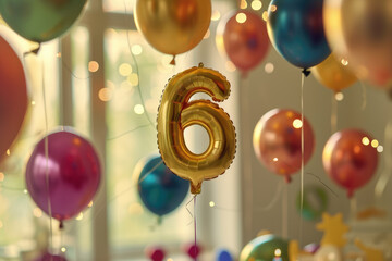 Golden number 6 balloon floating among a vibrant medley of party balloons.