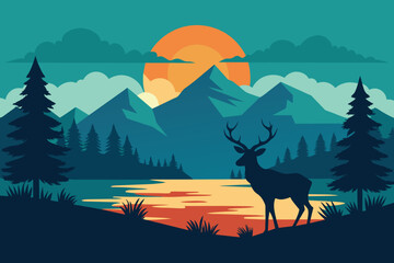 beautiful wildlife landscape with reindeer lake mountains and forest at sunset vector illustration - obrazy, fototapety, plakaty