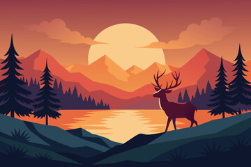 beautiful wildlife landscape with reindeer lake mountains and forest at sunset vector illustration