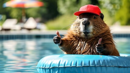 a beaver in a red baseball cap relaxing on a pool float giving thumbs up, summer day