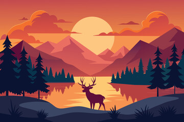 beautiful wildlife landscape with reindeer lake mountains and forest at sunset vector illustration