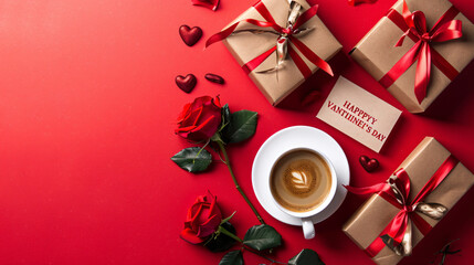 Card with text HAPPY VALENTINES DAY cup of coffee rose