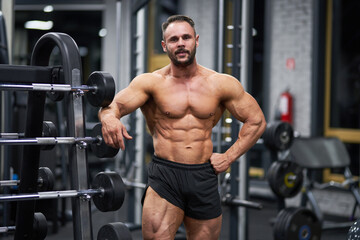 Handsome bearded bodybuilder posing with hand on waist in gym. Portrait of strong shirtless...