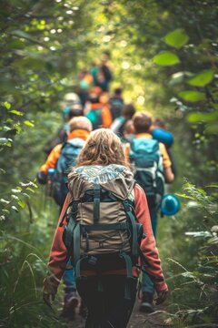 Teacher led school trip  students exploring lush forest in outdoor educational adventure