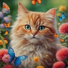 cat and butterfly with flower