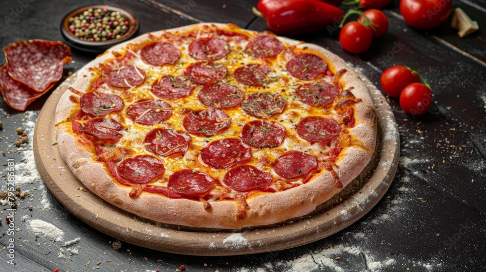 Poster Pepperoni pizza on wooden board