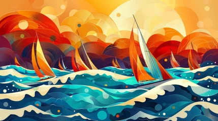 Vibrant sailboats dancing on the waves  whimsical illustration with exaggerated proportions © RECARTFRAME CH