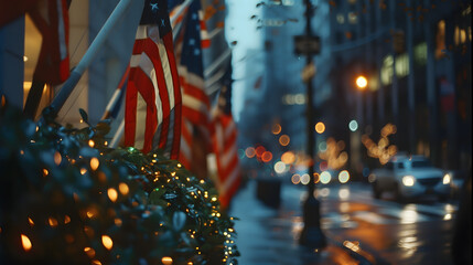 American flags adorn a city street at twilight, with festive lights twinkling, adding a warm glow to the urban evening setting.
 - Powered by Adobe