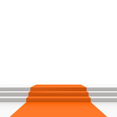 Orange carpet on stairs on white background. Blank template illustration with space for an object, person, logo, text. Presentation, gala, ceremony, awards concept.