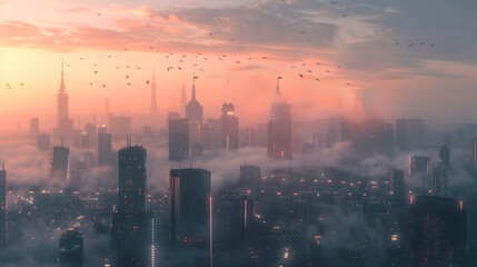 Misty Metropolis Morning. A serene dawn breaks over a cityscape enveloped in mist, with silhouettes of birds flying across the glowing sky.