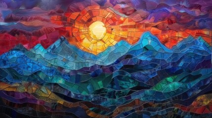Mountains Motive Mosaic, Stained Glass Illusion with Wind blowing
