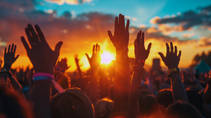 Summer Solstice Festival Jubilation. Exuberant crowd with uplifted hands celebrating the Summer Solstice against a fiery sunset backdrop, capturing the essence of joy and togetherness