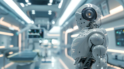 Fototapeta premium AI-driven robot conducts delicate surgery its sleek metallic surface reflecting the harsh sterile white light in a modern medical complex