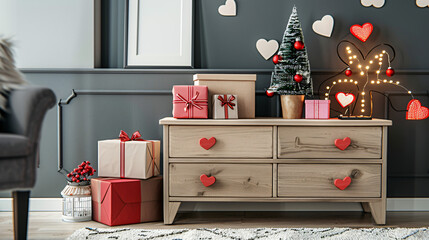 Chest of drawers with gift boxes and hearts in modern room